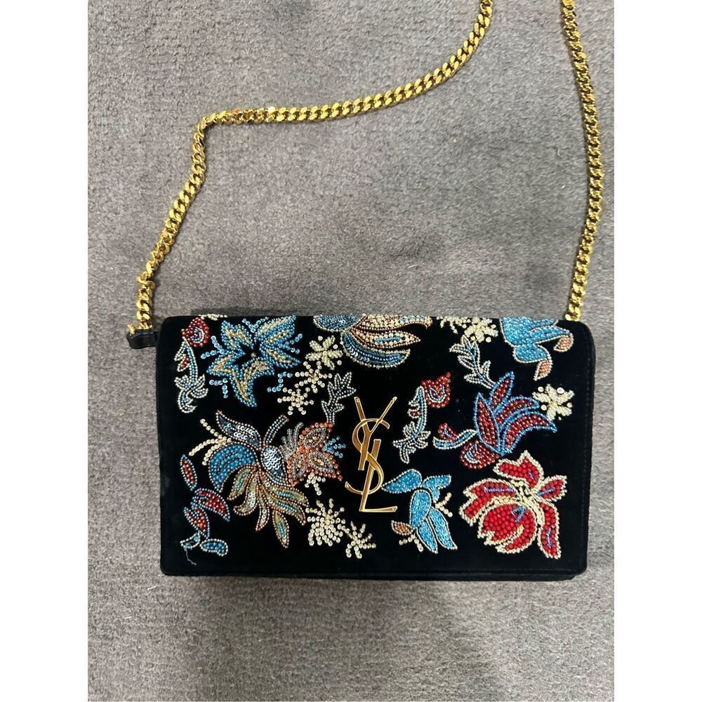Saint Laurent Velvet Beaded Kate Floral Embroidered Shoulder Chain Bag - Authent